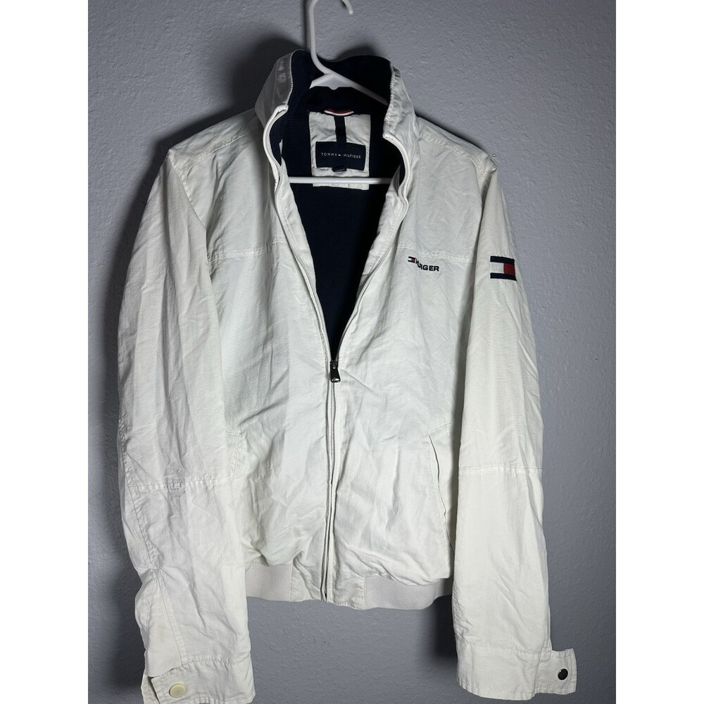 Vintage Tommy Hilfigure Men’s Windbreaker Size Small White Embroidered W Hood